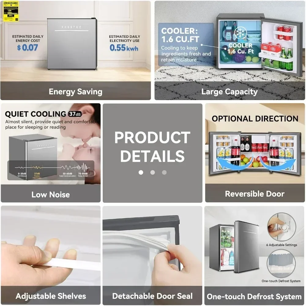 1.6 Cu.Ft Mini Fridge for Bedroom, Mini Refrigerator with Freezer, for Room and Office, Adjustable Temperature(without Handle) - Image 4